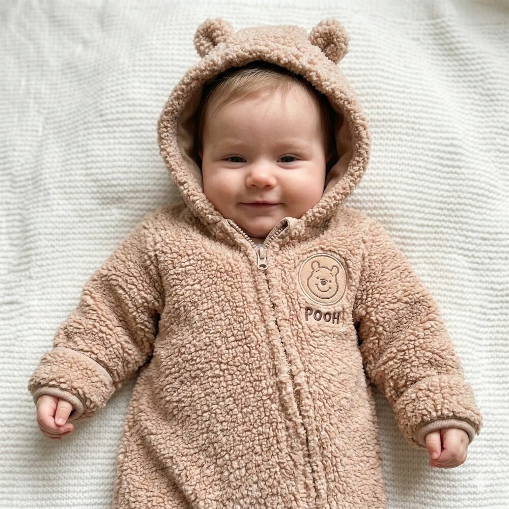 DISNEY POOH Baby Hooded Zippered Plush Winter Pram Bodysuit Size 6-9 Months EUC